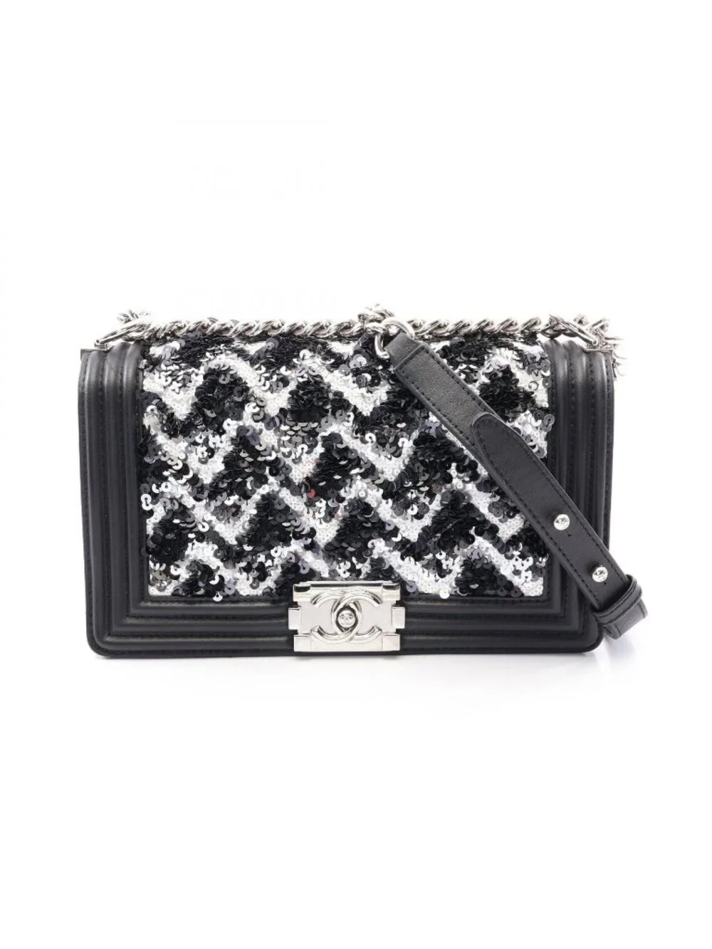 Chanel Shoulder Bag Boy Sequin Black White Lambskin Chain